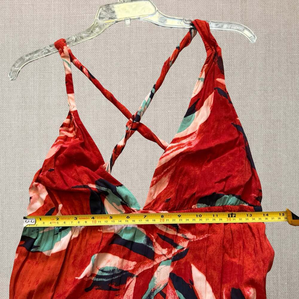 Anthropologie Red Tropical Print Deep V-Neck Tiered Maxi Dress tropical goddess - Picture 9 of 12
